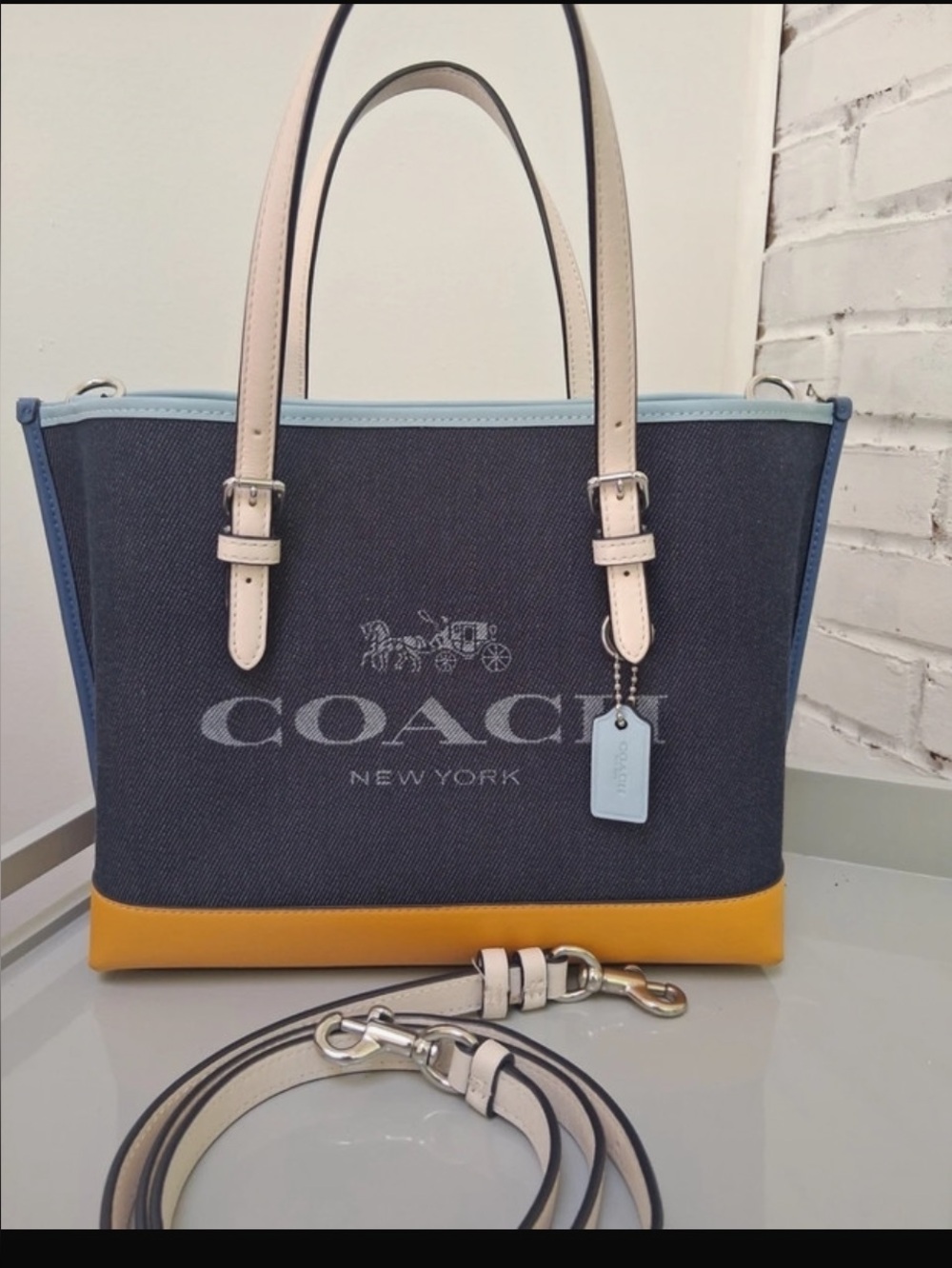 Coach Mollie 25 Colorblock Navy Denim, Yellow, White